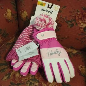 Hurley 2-Peice Beanie Ski Gloves Set - Insulated Fuschia Hot Pink Youth XL NWT